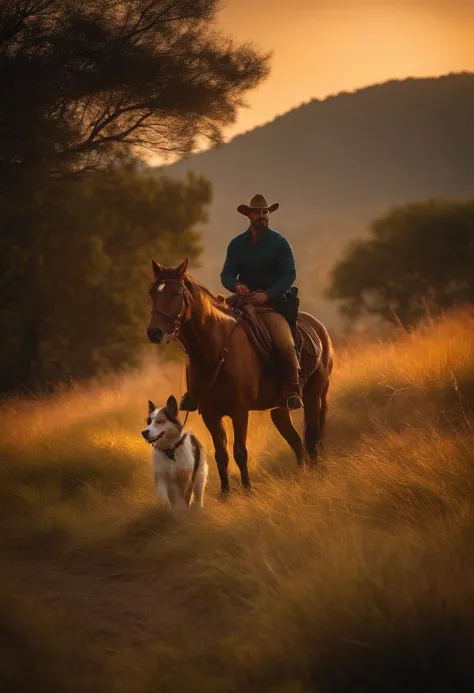 HOMEM NA MONTANHA A CAVALO COM SEU CACHORRO , CEU ESTRELADO , FOGUEIRA FRENTE A LUA