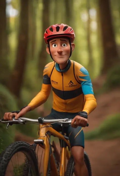 Um ciclista de MTB parado olhando as montanhas,inspired by Pixar animation, de perto. The character takes center stage with captivating facial expressions, oferecendo um toque de irrealidade