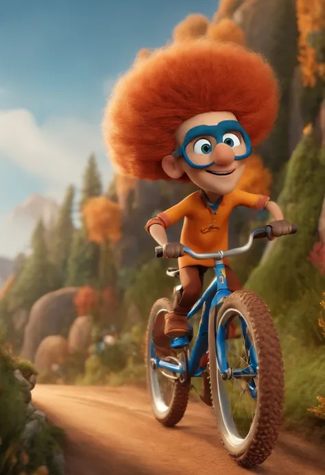 Um ciclista de MTB parado olhando as montanhas,inspired by Pixar animation, de perto. The character takes center stage with captivating facial expressions, oferecendo um toque de irrealidade