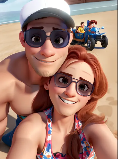 Casal (homem moreno e mulher branca) no estilo Disney Pixar, alta qualidade, melhor qualidade.