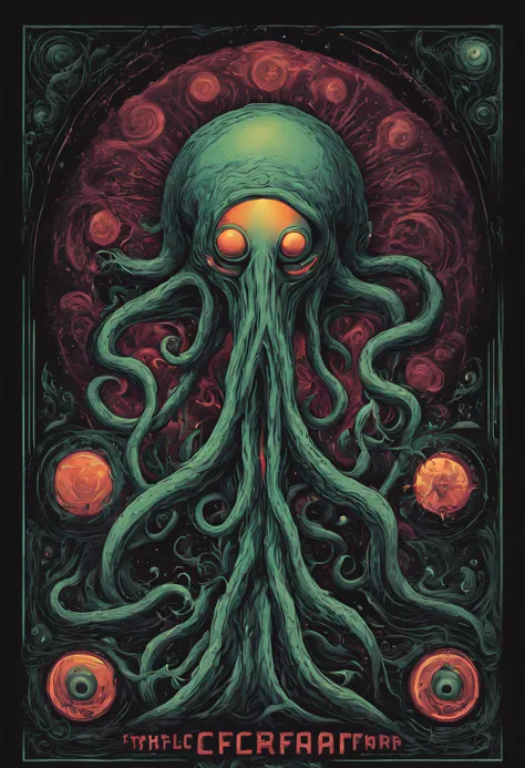 POSTER ART, Explore the Lovecraftian horror genre with an illustration that conveys the otherworldly and cosmic dread often associated with the works of H.P. Lovecraft. text, logos, modern art, pop art, black background