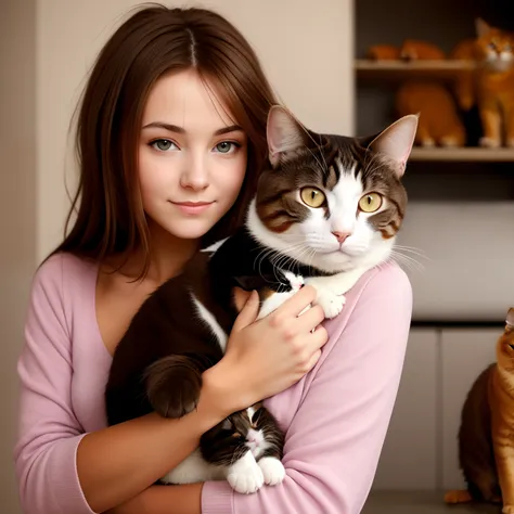 Fille brune avec son chat roux