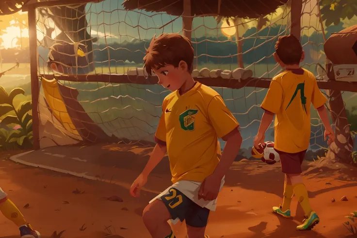 menino de 9 anos, cabelos curtos, cortados, marrons, olhos marrons, Shirt of the Brazilian national soccer team, amarela, caminhando sozinho em uma bela paisagem montanhosa no por do sol, feliz, estilo disney chanel, imagem uhd, 8k, ultra.