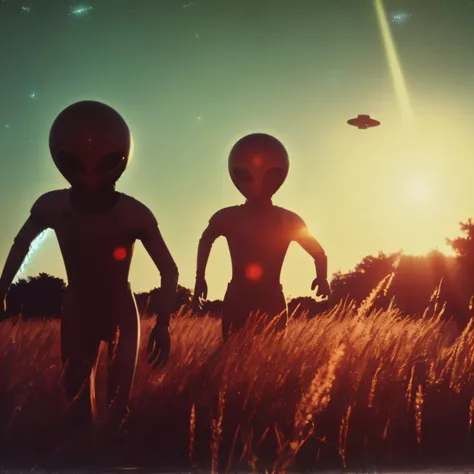 aliens are walking through a field of tall grass at sunset, on an alien grassland, ufo aliens, aliens invading earth, two aliens around, alien life, energetic beings patrolling, retro sci - fi picture, alien creatures scattered around, alien abduction, sol...