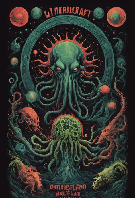 poster art, explore the lovecraftian horror genre with an illustration that conveys the otherworldly and cosmic dread often asso...