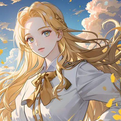 foreshortening,  depth of field, masterpiece, best quality, 1girl, golden hair, golden eyes,  long hair, above clouds, white clouds, solo, looking at viewer, school uniform, flaying,  dappled sunlight, floating on the sky, whole body