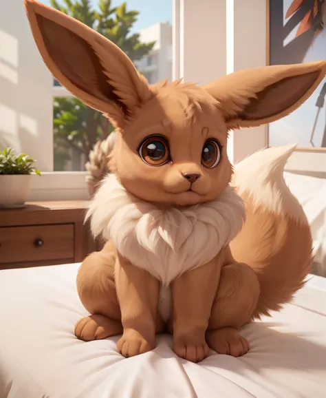 feral eevee sitting on bed,break,(masterpiece, best quality, ultra realistic, 4k, 2k, (intricate:1.1), (high detail:1.4), film p...