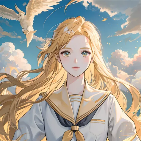 foreshortening,  depth of field, masterpiece, best quality, 1girl, golden hair, golden eyes,  long hair, above clouds, white clouds, solo, looking at viewer, school uniform, flaying,  dappled sunlight, floating on the sky, whole body