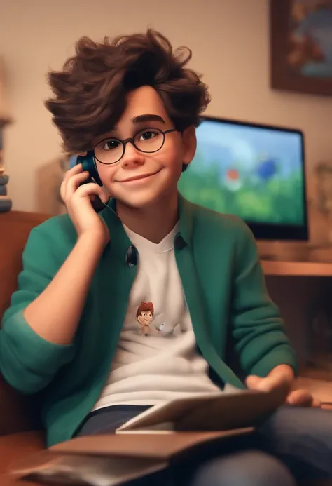 Imagem de um menino em formato Pixar, Hes the little allabester, Hes outgoing, frisky, cabelo curto castanho, usando notebook, gamer, com fone de ouvido, sorrindo