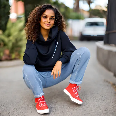 Shes a light-toned black-skinned teenager, olhos castanhos escuros, curly hair curvature 4B weight tied in a head-length bun and a red bandana, wears black square glasses, cadeira de rodas motorizada preta, jeans and a navy blue sweatshirt with a small And...