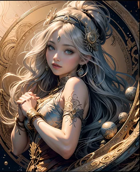 official art, 8k unit wallpaper, ultra detailed, beautiful and aesthetic, high quality, beautiful, masterpiece, best quality (zentangle, mandala, tangled, tangled: 0.6), a young goddess in her 20s, long silver hair, sun goddess,