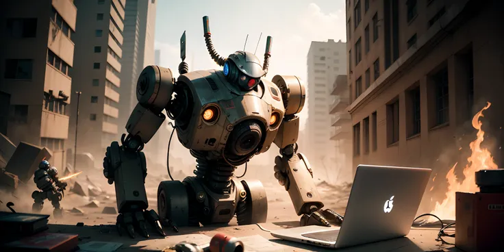 Create a robot in a post-apocalyptic world with a laptop