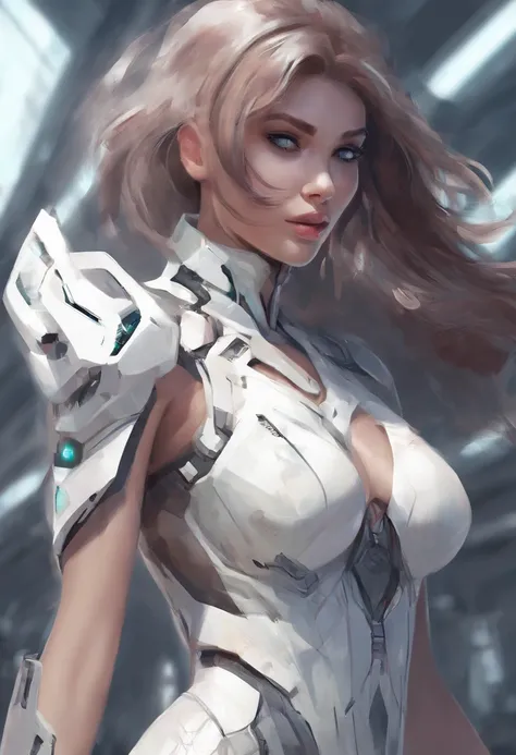 (masterpiece) Girl, sexy, big breast, futuristic clothes, dress, white, smiling