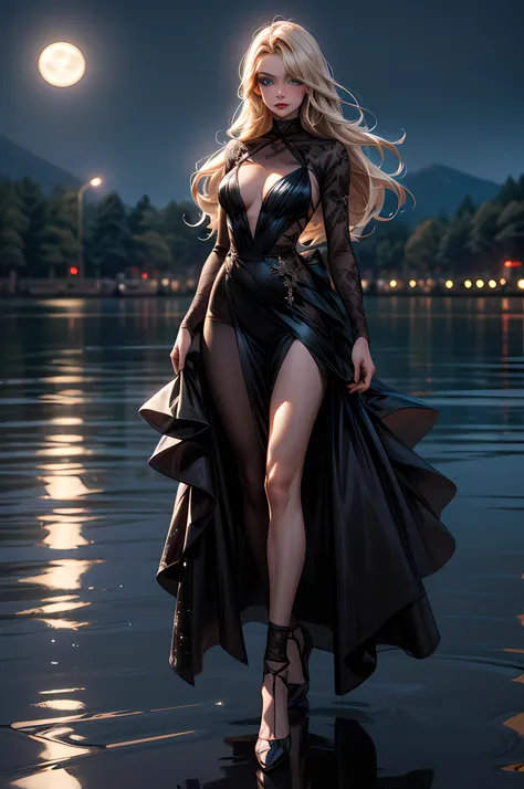 an award winning photoshoot, picture of an extremally beautiful woman model walking on a fashion the (wood catwalk on the runway of a famous fashion show: 1.1) floats on a lake at night, a very beautiful woman, elite Beauty model, long hair, blond hair, gr...