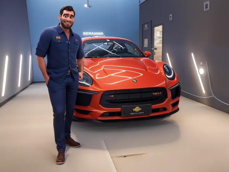 Obra-prima, de melhor qualidade, um homem bem vestido com porshe laranja do lado, Showing the Automotive Aesthetics Company