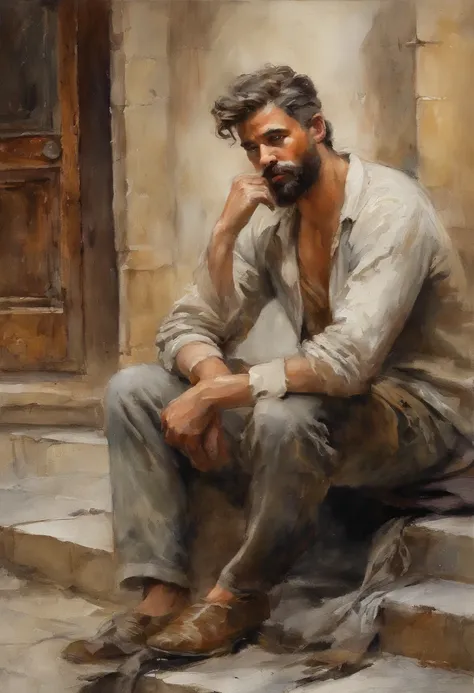 Um rua onde vielas se encontram, personagem masculino de meia-idade, com cabelos grisalhos e barba por fazer. His expression of agony is frozen on his pale face, Lying on the cobblestone floor, vemos a cena de cima, um vulto sutil em uma parte das vielas