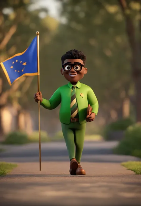 Cartoon character of a black man with black glasses, black hair and black beard and a green shirt holding a flag, animation character, Caractere estilizado, animation style rendering, 3D estilizado, 3 d render stylized, toon render keyshot, Personagem 3D, ...