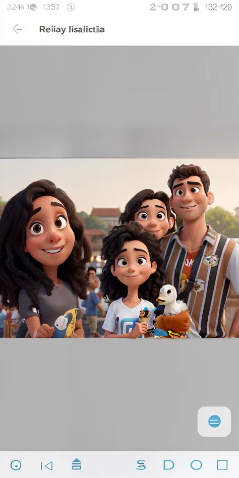 Obra-prima ao estilo Disney/Pixar in high quality and high resolution. The woman in the front has black hair and the man has black hair and wears a São Paulo Futebol Clube shirt and the smaller girl has light brown hair and carries a paper duck plush