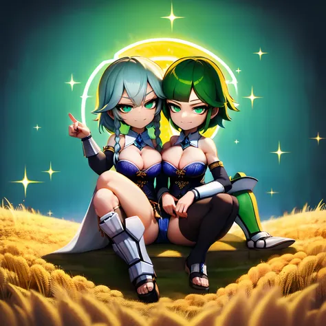 ((2heads)), ((double cleavage)), sakuya, magicpunk style, incredibly absurdres, concept art, best quality, perfect lighting, illustration, vanishing point, sitting, looking at viewer, mature male character, 1boy, (no mouth:1.3), male focus, masculine, gree...