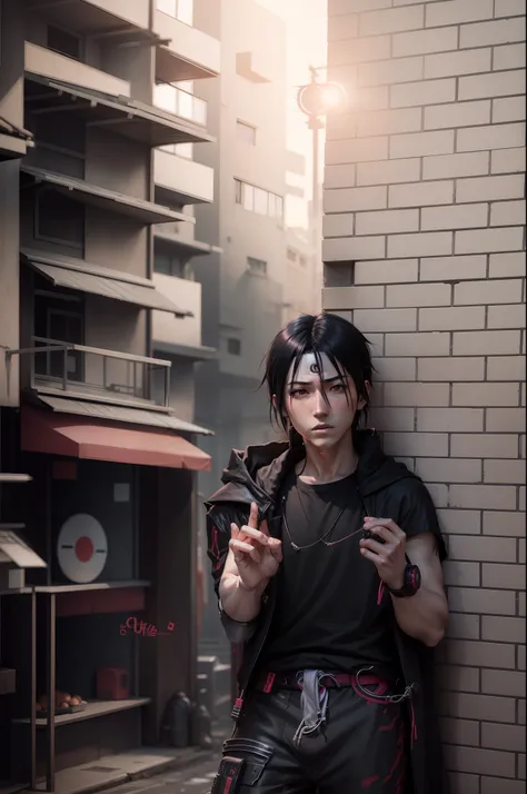 1 boy, uchiha itachi from naruto anime, anime style, cyberpunk style, black clothes, cyberpunk --q 0.25