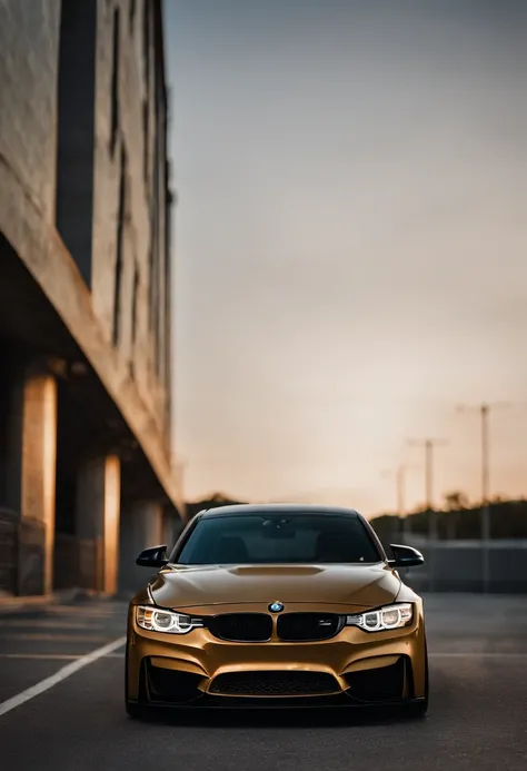 BMW F31 M3 lowered, stanced, low profile tires, Toyo tires , parked in a dark empty parkade, low light, golden hour, overcast, light rays, raytracing, realism, crystal clear image, intricate details, 200mm f2, detailed asphalt, realistic cracks in asphalt,...