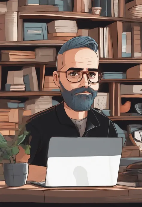 A man with shaved hair and a short beard inspired by Pixar animation, de perto. Facial expressions are captivating, com um toque de irrealidade. Hes in his home office, vestido de roupa preta, trabalhando em um laptop.