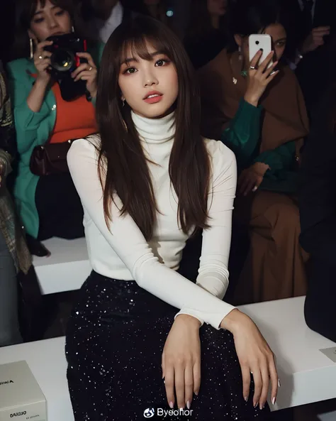 una mujer sentada en un banco frente a una multitud de personas, Lalisa Manobal, en camisa blanca de cuello alto, Lalisa Manoban de Blackpink, con flequillo, Parque Roseanne de Blackpink, Jossi de Blackpink, Kiko Mizuhara, Blackpink Jennie, con flequillo c...