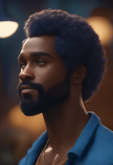 Homem 42 anos cabelo curto, afrodescendente ,estilo desenho animado, Pixar,, segurando um Stichde pelucoa , roupa azul, sorrindo