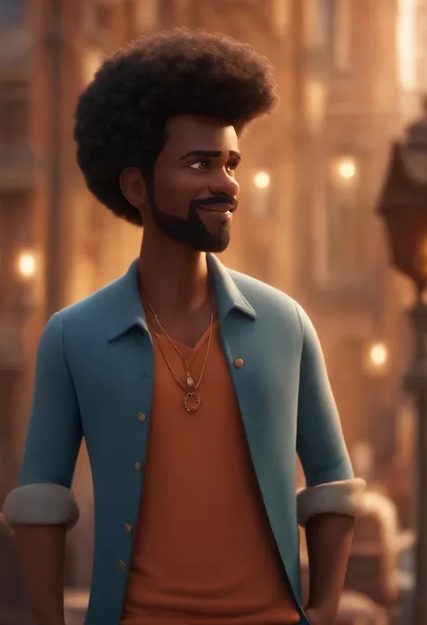 Homem 42 anos cabelo curto, afrodescendente ,estilo desenho animado, Pixar,, segurando um Stichde pelucoa , roupa azul, sorrindo