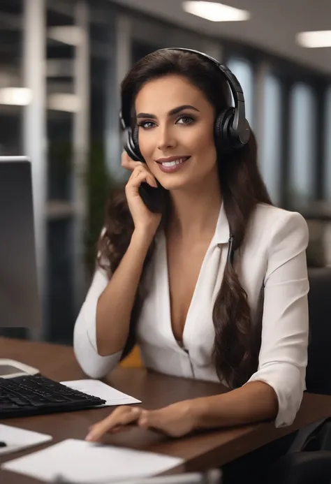 Brunete girl in the office, Hedset com entrada para auscultadores, business clothes, professional camera, 8k, hiper-realista, pele um pouco parda, cabelos pretos ondulados com mechas amarelas, headset on the head, telemarketing, pele parda, telemarketing, ...