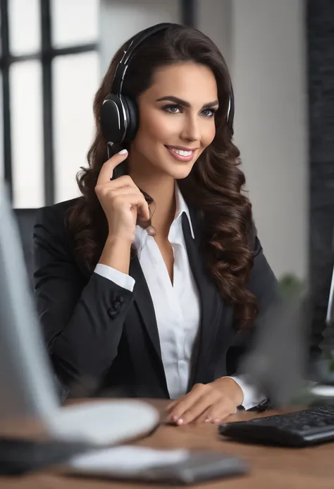 Brunete girl in the office, Hedset com entrada para auscultadores, business clothes, professional camera, 8k, hiper-realista, pele um pouco parda, cabelos pretos ondulados com mechas amarelas, headset on the head, telemarketing, pele parda, telemarketing, ...