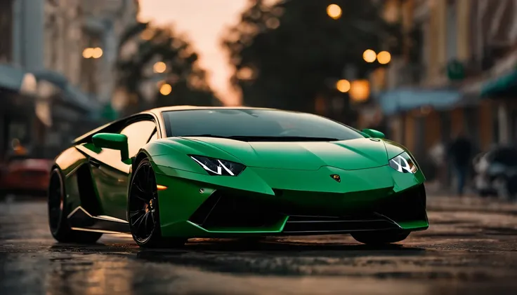 Um close up de um carro Lamborghini estacionado em uma rua da cidade, wallpaper mobile, cinematic poster, papel de parede do telefone, como matriz, cartaz motivacional,cor preta lamborghini carro,  money raining from the sky,cinematic wallpaper 4k, cinemat...