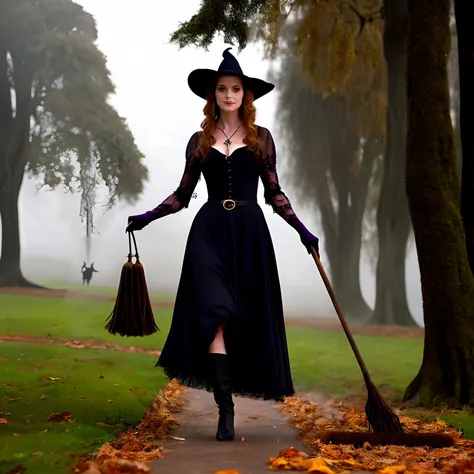 Young beautiful witch flies to the coven on a broom