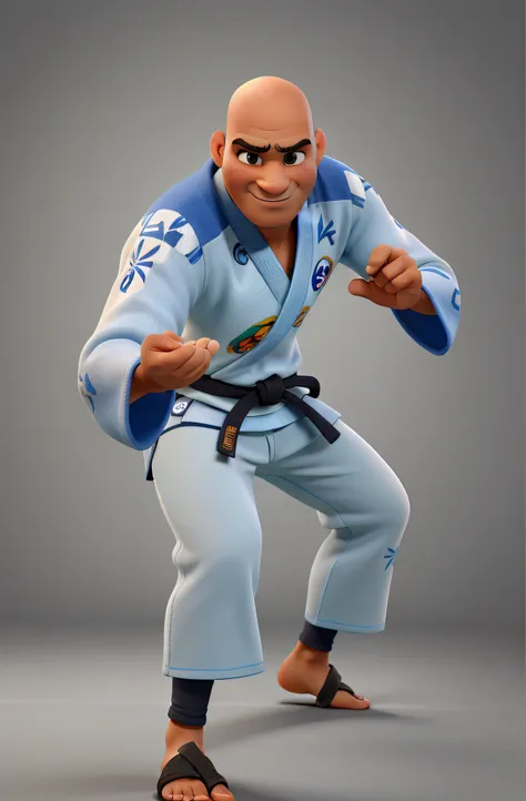 um careca, imberbe, barefoot man, sem cavanhaque, usando quimono de jiu jitsu, Estilo Pixar, alta qualidade, best quality