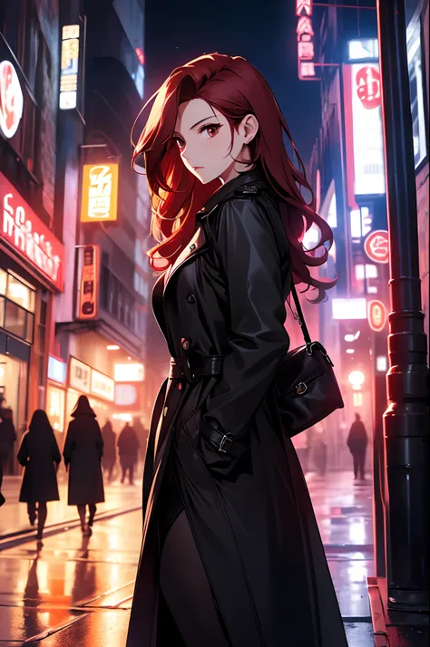 the night，a beautiful woman wandering the streets，the street，wear a black trench coat，leather skirt，long reddish hair，the best c...