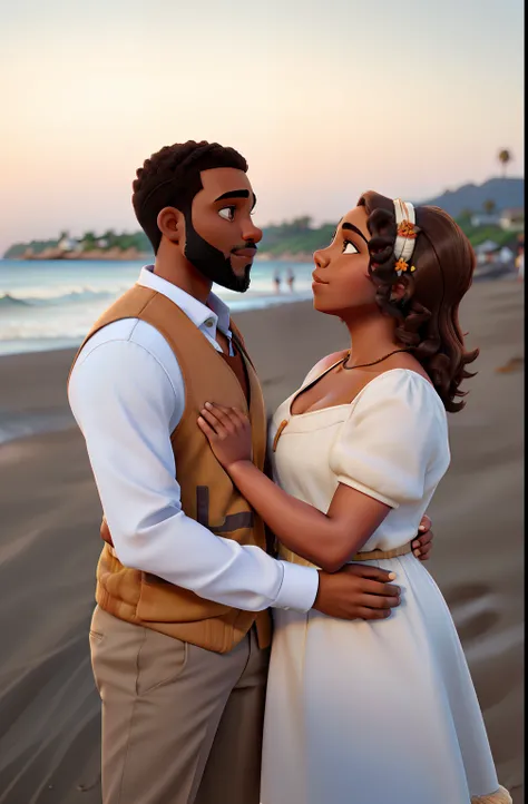 Brown-skinned couple man with short hair and beard on the beach at sunset