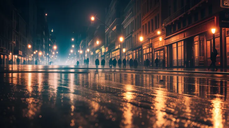 A dark and mysterious night scene in a bustling city, with empty wet streets glistening under the raindrops. The streets are completely deserted, creating a feeling of solitude and isolation. The rain is pouring down heavily, creating a mesmerizing atmosph...