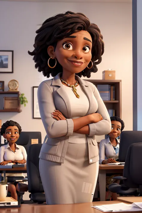 masterpiece, best quality ,Portrait of mid adult successful black mature woman looking at camera with arms crossed. Smiling african american business woman standing in new office .Portrait of mature woman.