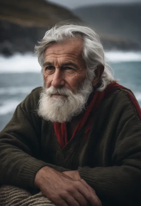 Award-winning portrait photo of an older, gray-haired medieval fisherman wearing a serha sweater with wrinkles on his face, red de pesca, barco (In English), ocean, Olas, Mountain cliff with crashing waves, tormentoso, Izquierda, ser, (Backlighting: 1.3), ...