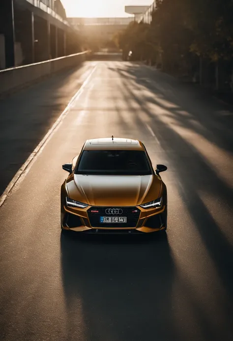 Audi RS7, drifter,  lowered, stanced, low profile tires, Toyo tires , parked in a dark empty parkade, low light, golden hour, overcast, light rays, raytracing, realism, crystal clear image, intricate details, 200mm f2, detailed asphalt, realistic cracks in...