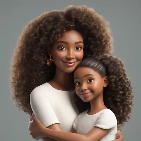 A black mother and daughter with curly hair (((On mom, light blond voluminous curly hair, outdoor background with white blouse with full body heart.