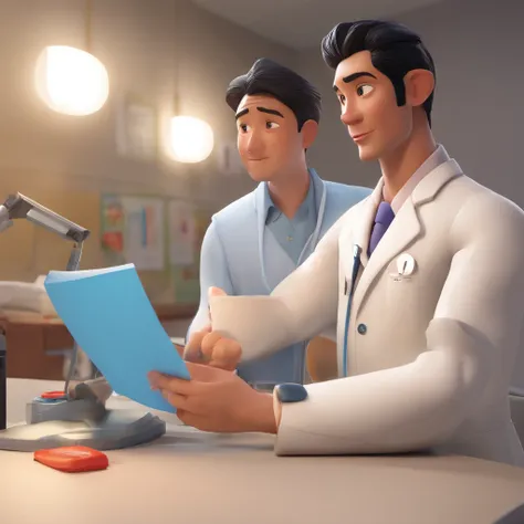 Create a poster inspired by Disney Pixar with the character being a man of Japanese descent with black hair and no glasses wearing a white coat and attending to a 32-year-old patient in a modern hospital office