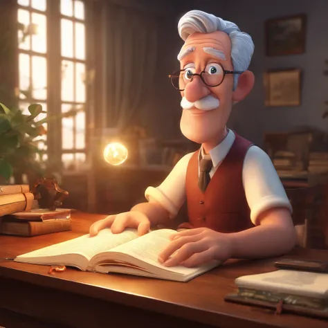 Crie um cartaz inspirado na Disney Pixar com o personagem sendo o pastor Rubens Janier, A gray-haired man wearing glasses, in an office with a Bible on the table, Looking forward and serious