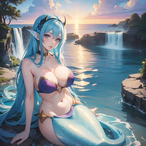 (((Solo))) Mermaid girl with very long blue hair, (yellow eyes), ((wearing a seashell top)), masterpiece, (((large chest))), (((curvy hips))), detailed eyes, cleavage, ((blue and purple beautiful mermaid tail)), siren, ((sitting by a waterfall)), beautiful...