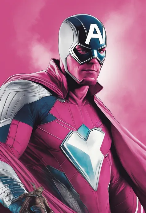 personagem de desenho da marvel homem com roupa branca, capa rosa, fundo estilo capa de filme