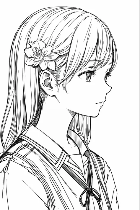 masterpiece, acura, 1girl, solo, short, profile close-up, school uniform, tie, flower line drawing background, white background, monochrome, line drawing, ((sketch))