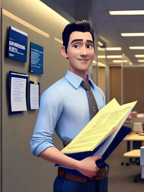 pixarstyle a waist-length portrait of a man in a office shirt, smirk, folder with documents in his hands, office, natural skin texture, 4k textures, hdr, intricate, highly detailed, sharp focus, cinematic look, hyperdetailed