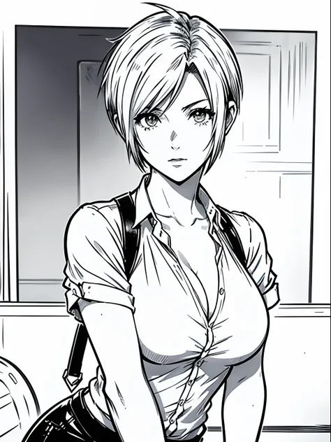 Tifa Lockhart (final fantasy VII), 23 years old, short hair (pixie cut), pointed nose, thin lips, busty, wearing formal shirt (white), {centered image}, {just face and chest photo}, manga lineart (monochrome)