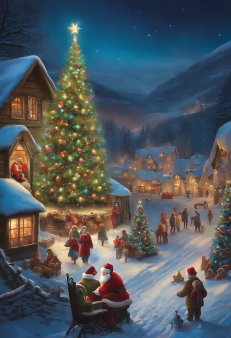 A painting depicting Christmas in a village, with lots of colored lights and snow, a Christmas tree all beautiful and decorated and sitting in a chair among children is Santa Claus