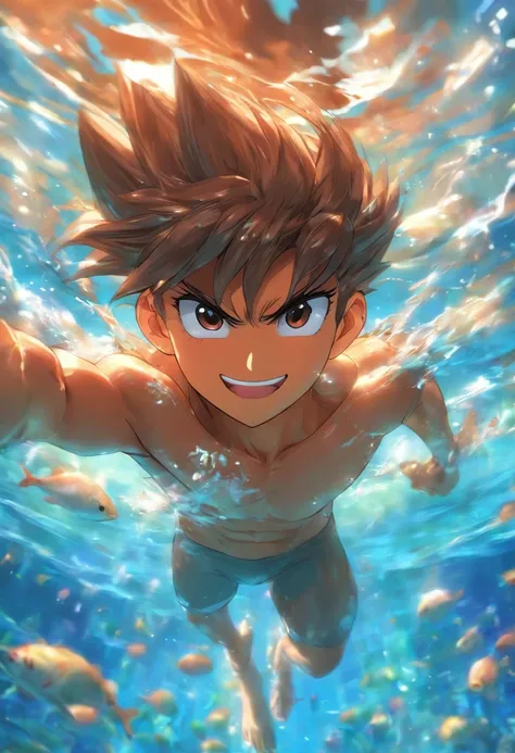 foreshortening,  profundidade de campo, master part, best quality, 1mo, 1Young man, brown hair, olhos castanhos,  cabelos longos, underwater, bolha de ar, sozinho, Olhando para o Viewer, school school swimsuit, swimming,  luz solar fraca, gordo, bonito, na...